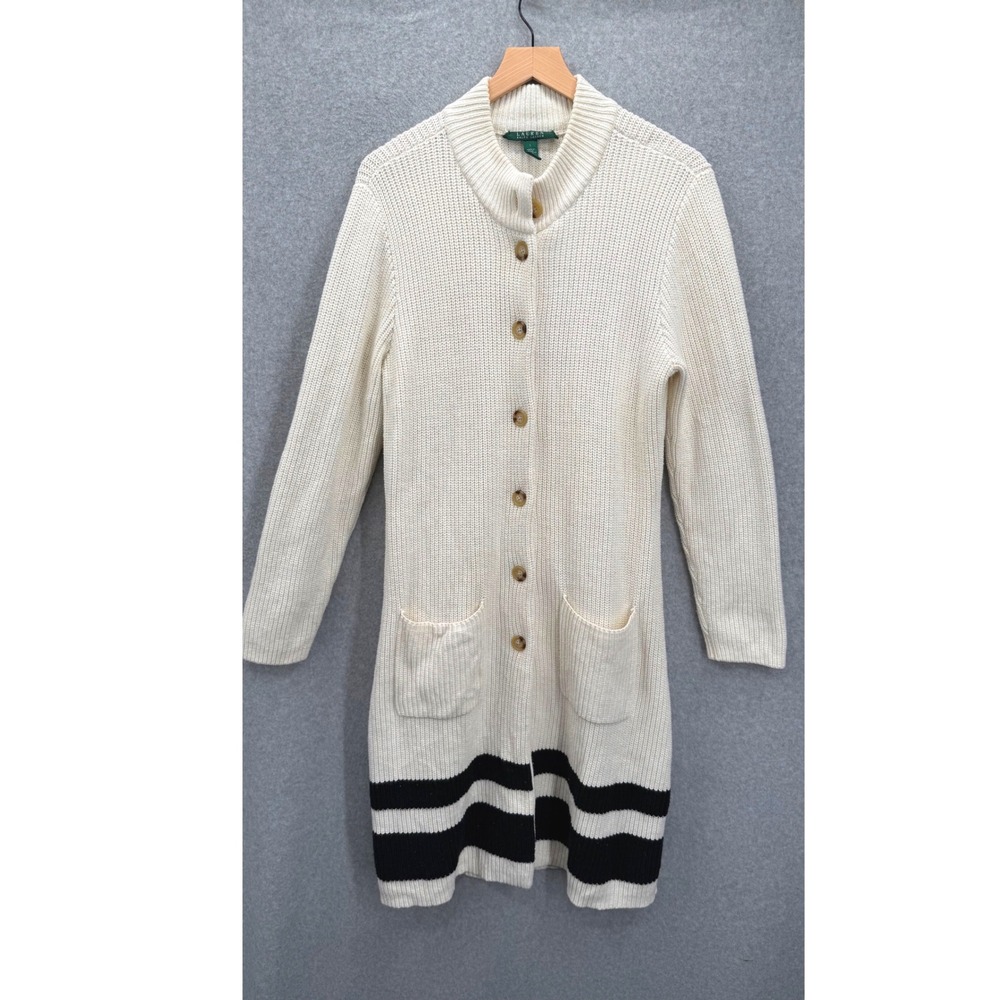 Lauren Ralph Lauren Cardigan Sweater Women Large Ivory Black Striped Long Duster